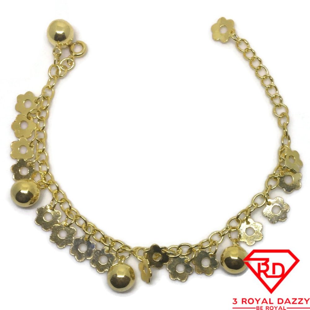 Flower & Bell charms 7 inch Bracelet 999 gold